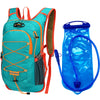 A teal outdoor backpack with orange accents and a separate blue waterproof storage bag.