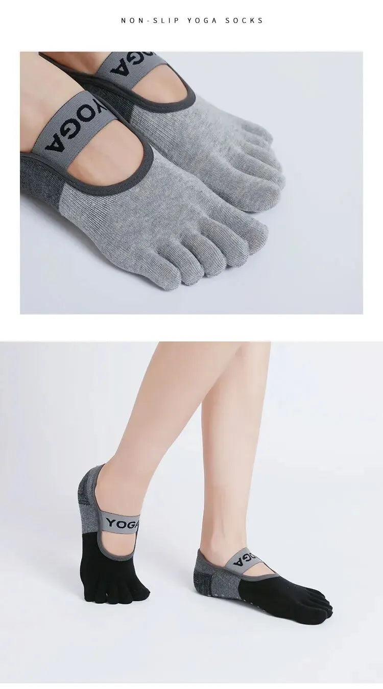 Gray and black non-slip yoga socks shown on a foot, highlighting the design details.