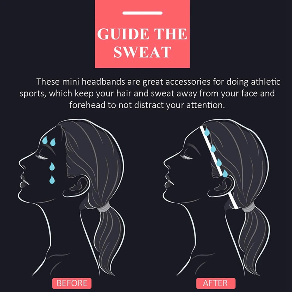 Before and after images showing mini headbands used for keeping hair and sweat away from the face during athletic activities