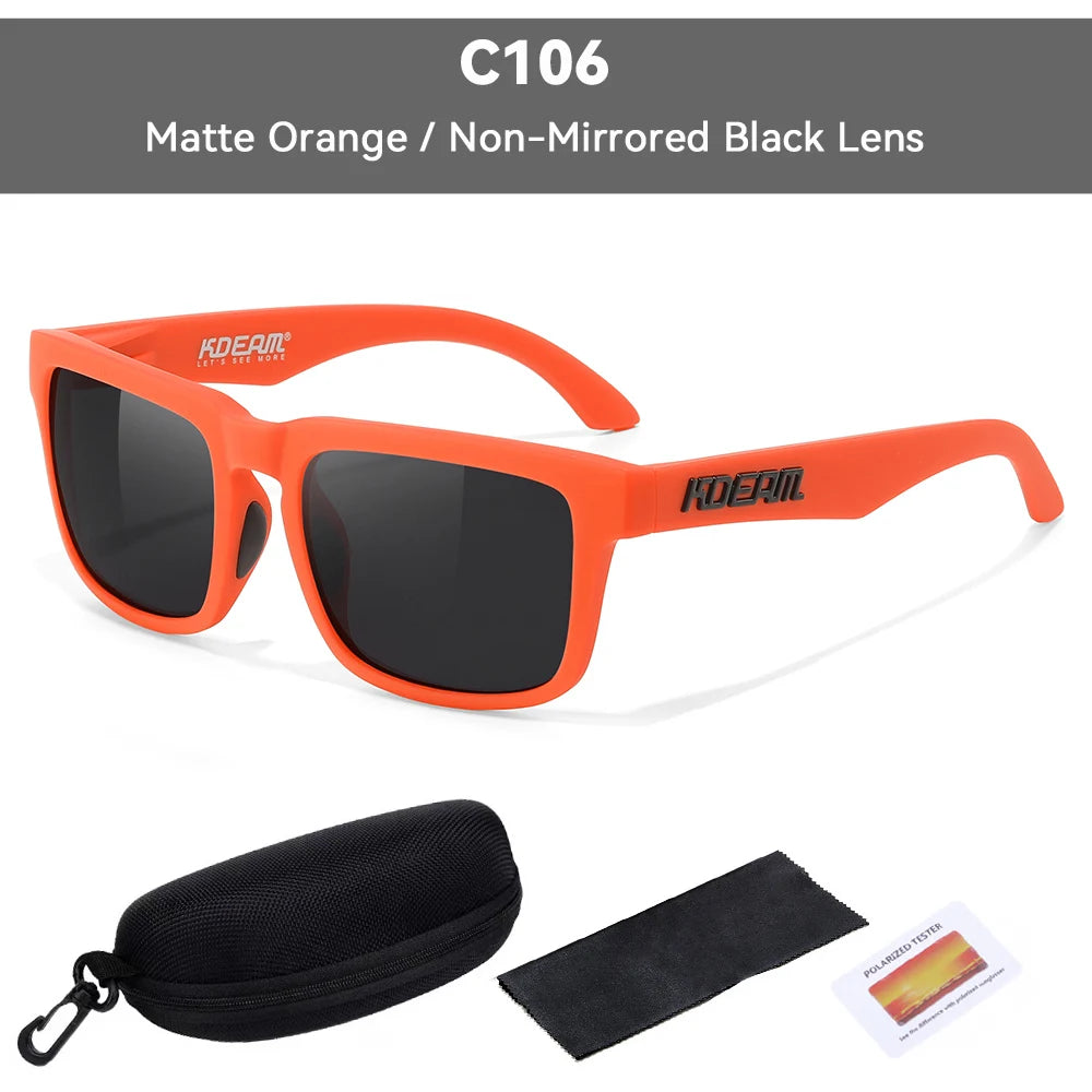 Orange matte Sonnenbrille mit schwarzen Linsen und einem schwarzen Polarisations-Tester