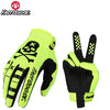 A pair of neon yellow and black cycling gloves with a skull design shown in a close-up view.