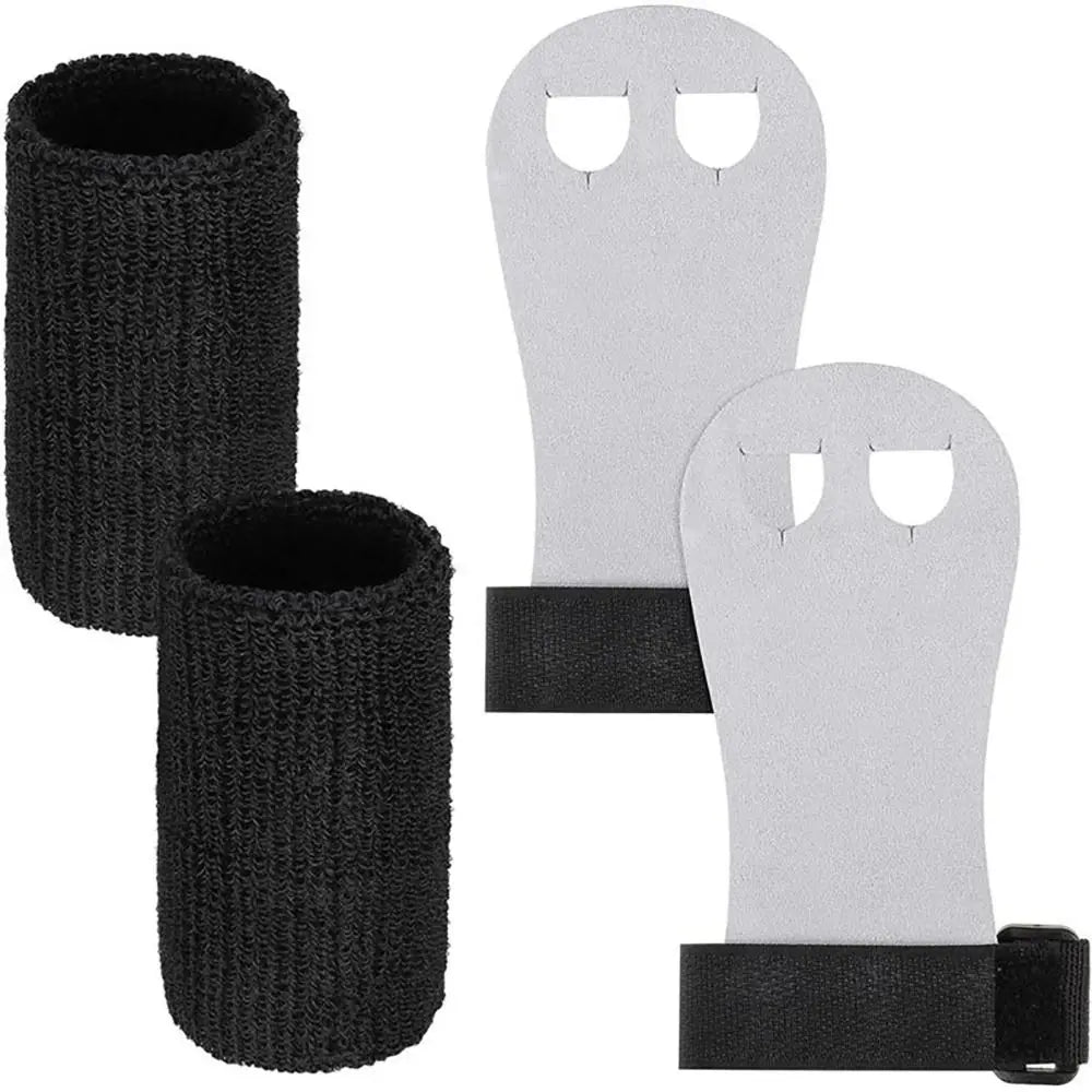 A pair of black gymnastics wristband grips for protection and grip enhancement, shown in a vertical orientation.