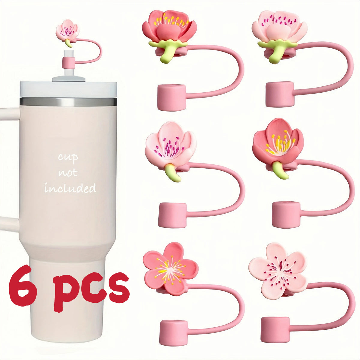 Six pink silicone straw covers for tumblers and water bottles shown with a full tumbler.