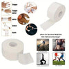 Roll of white self-adhesive athletic support tape with diagrams showing application on fingers, wrists, ankles, and knees.