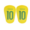 A pair of bright yellow mini football shin guards with the number 10 printed on them.