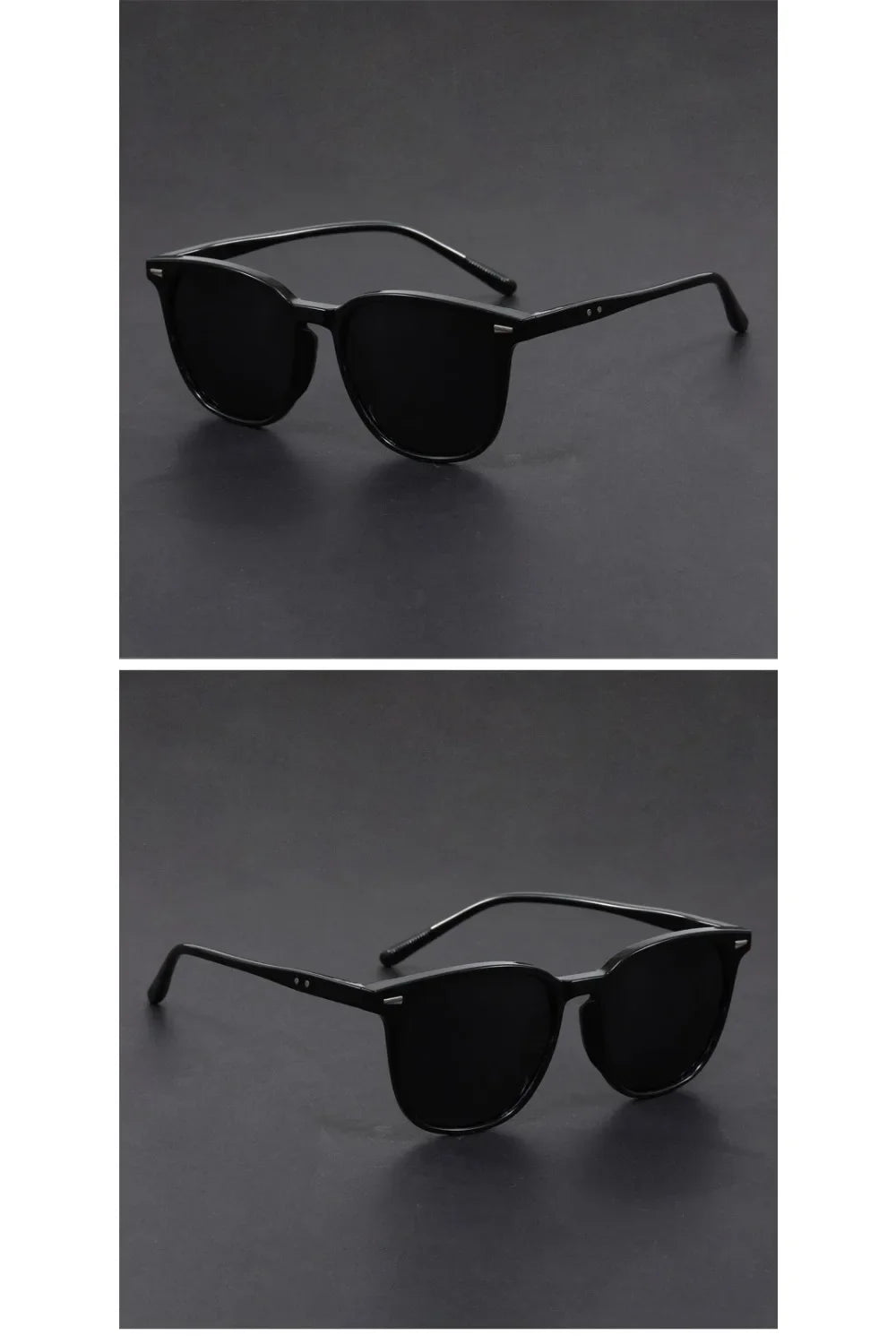 A pair of black, ultralight square sunglasses with thin arms shown against a dark background.