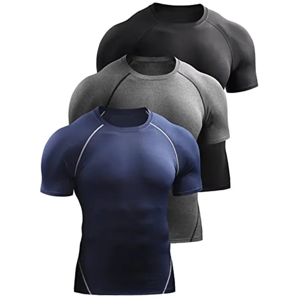 Three stacked men's quick-dry compression running t-shirts in black, gray, and navy blue.
