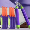 Purple and lime green carrot-shaped fidget stress relief toy with a clip