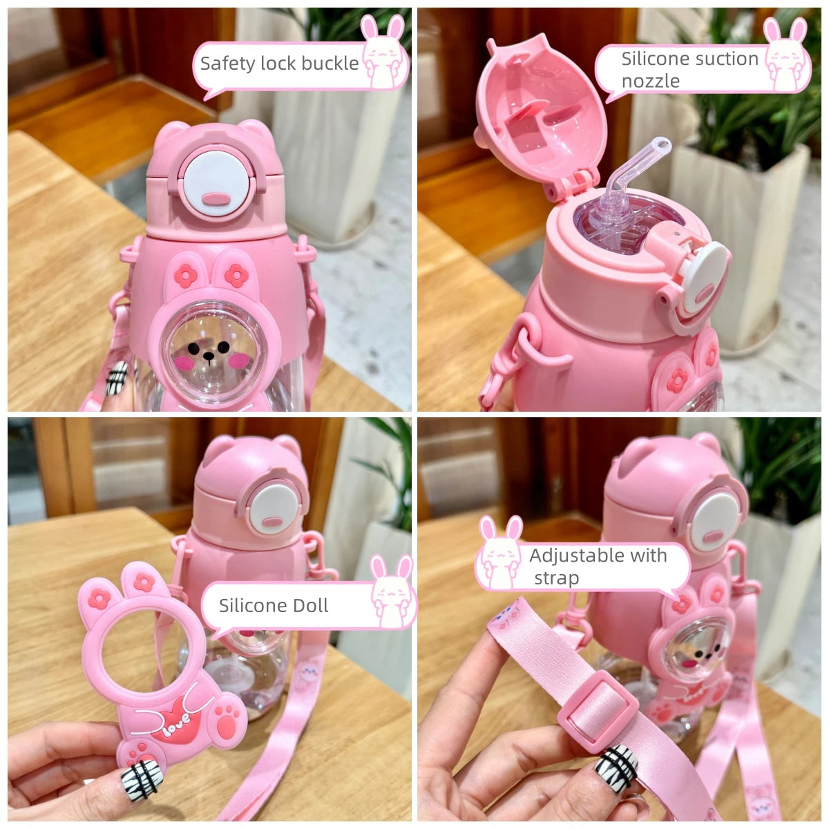 Pink silicone cartoon animal water bottle with a safety lock buckle and an adjustable strap.