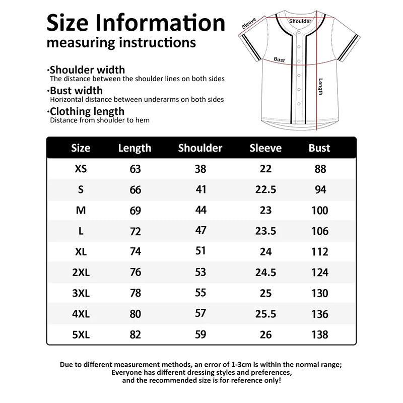 Size information chart for a personalized men's baseball jersey showing measurements for various sizes.
