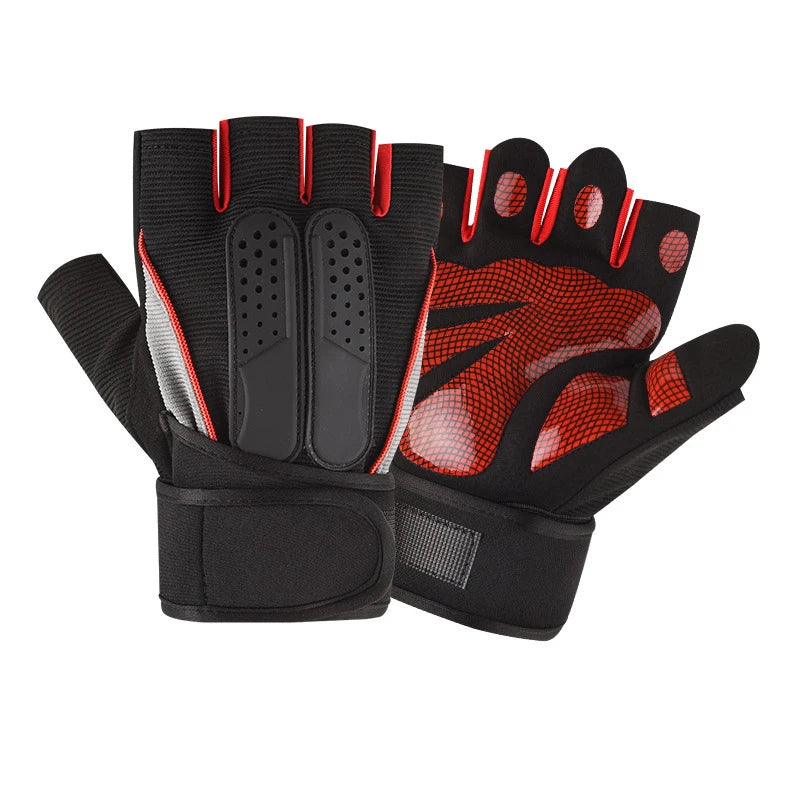 Black fingerless weightlifting gloves with wrist support featuring orange accents and padded fingers