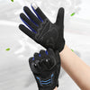 A close-up of black motorcycle riding gloves with blue accents on a person's hand.