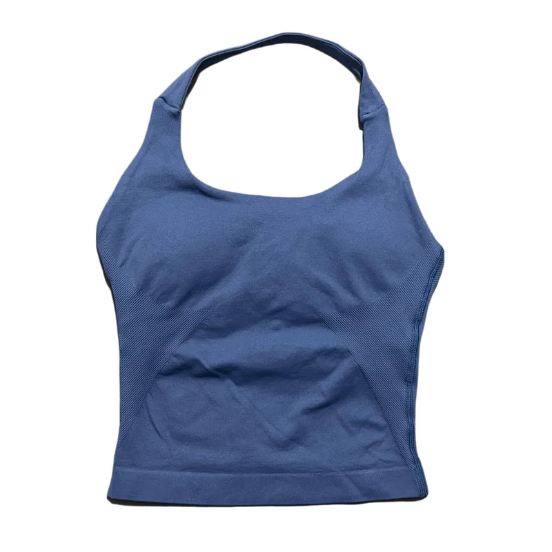 A navy blue seamless performance yoga and gym tank top shown from the front.
