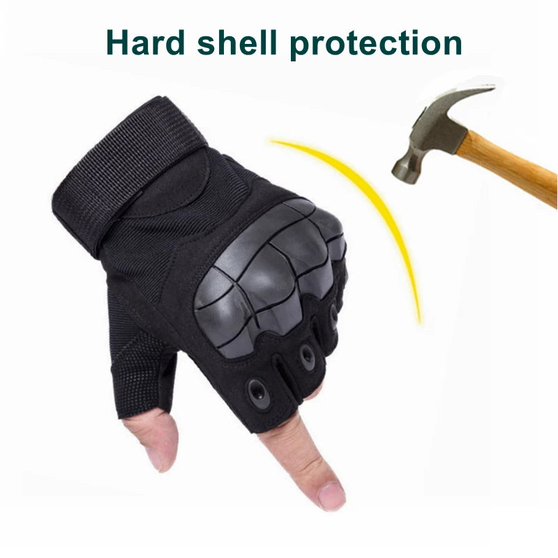 Black tactical five-finger gloves with hard shell protection shown next to a hammer.