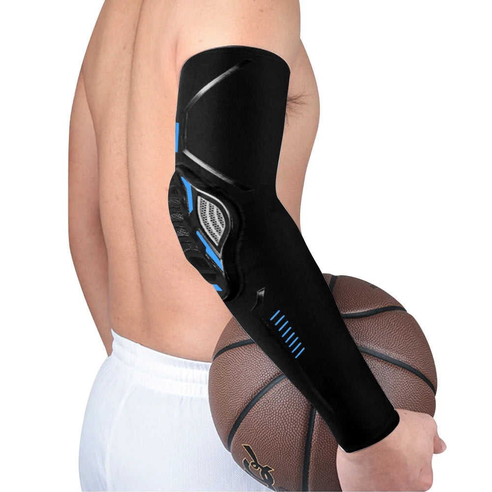 Black sports compression elbow and knee pads worn on an arm and hand.