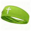 A lime green athletic sweat headband with a white cross design.