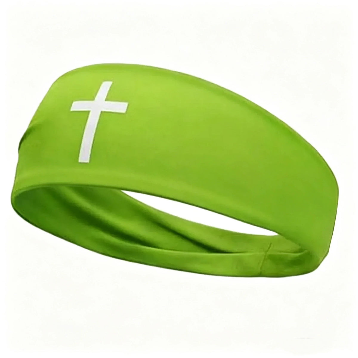 A lime green athletic sweat headband with a white cross design.