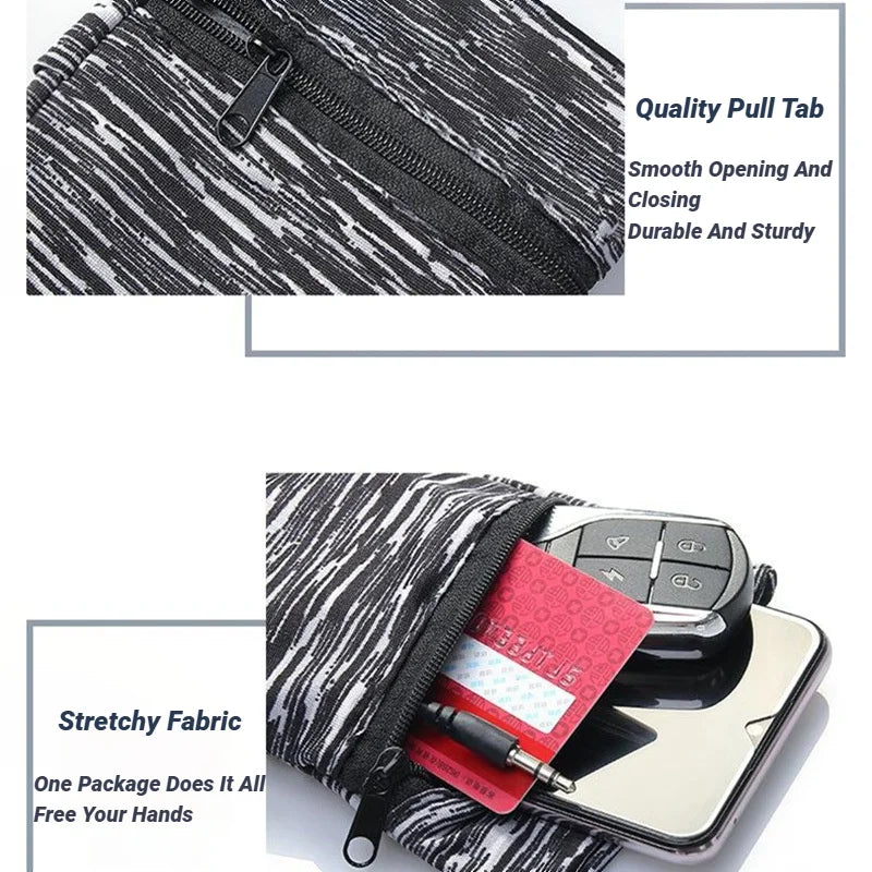 Black striped zippered wrist bag designed to hold a phone and key card.