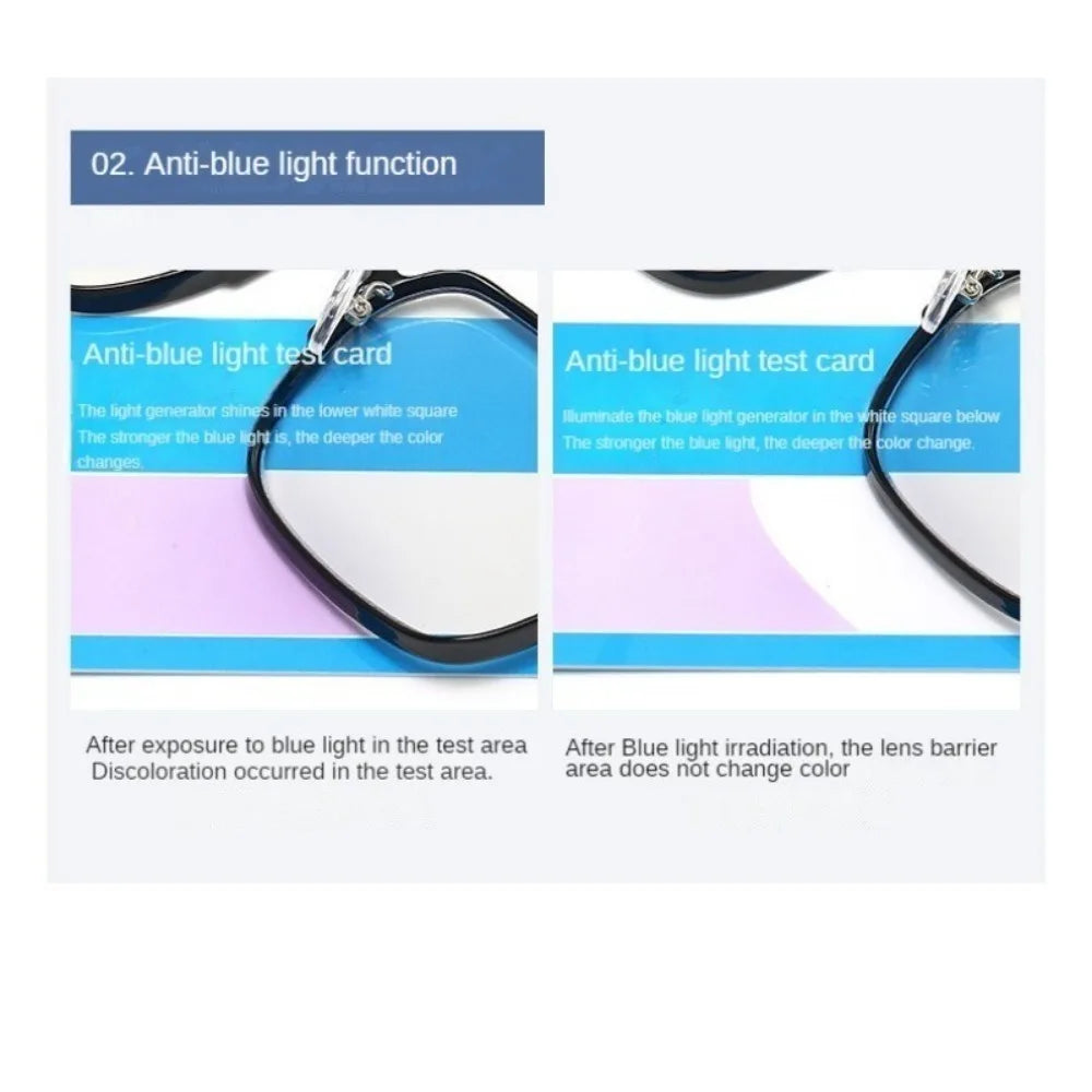 Test cards demonstrating the anti-blue light function of photochromic glasses.