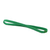 A green elastic sports headband is shown stretched out.