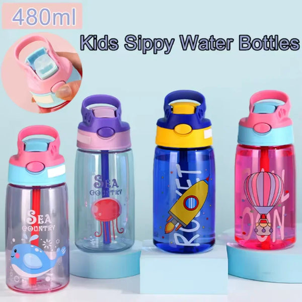 A set of pink and blue cartoon straw sippy water bottles for kids with colorful lids and designs.