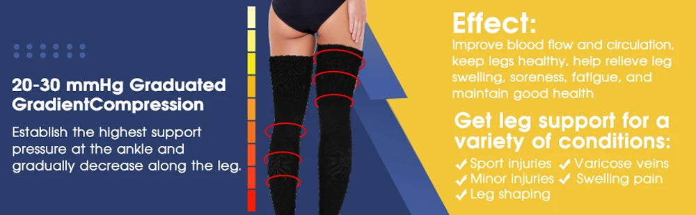 Primer plano de las piernas de una persona usando mangas de compresión graduadas negras para soporte terapéutico.