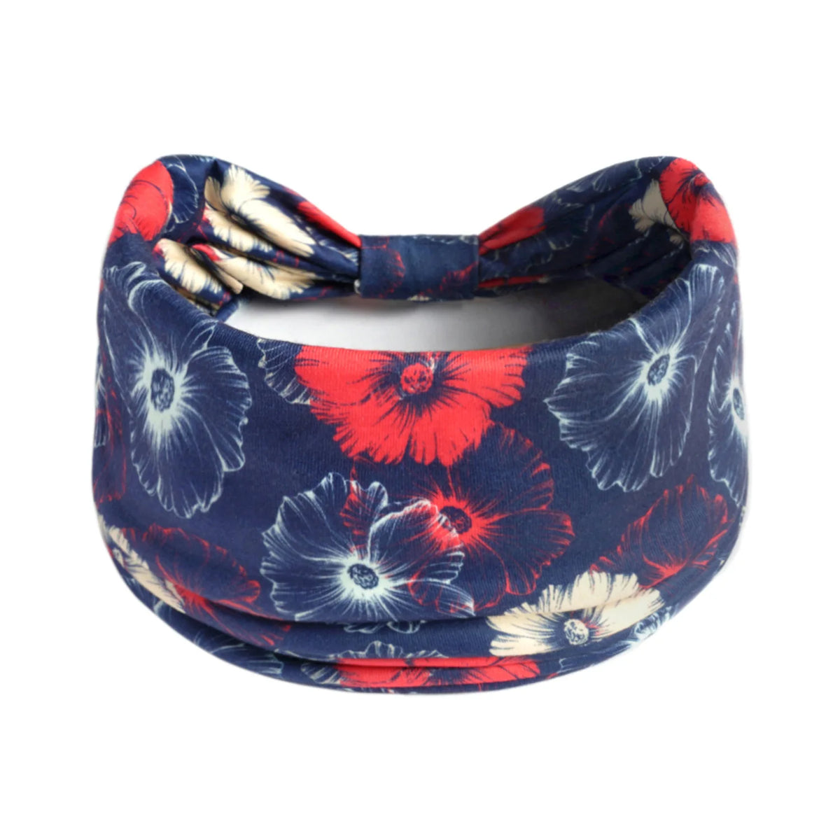 Marineblau-rote florale Baumwoll-Yoga-Stirnband, gebunden in einer Schleife.