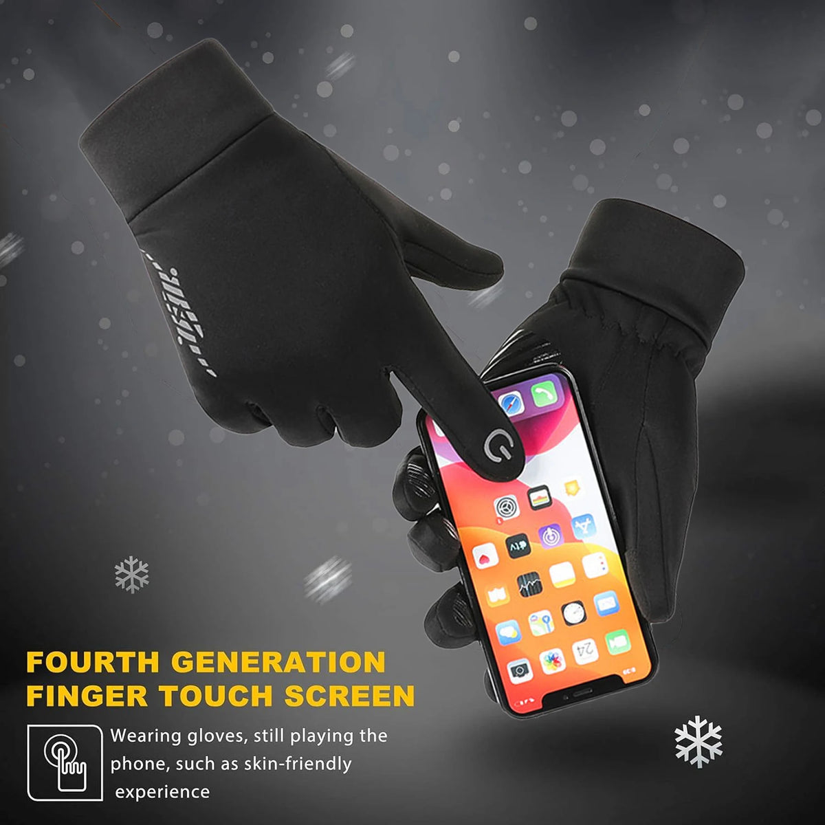 A hand wearing black thermal gloves is touching a smartphone displaying a finger touch screen.