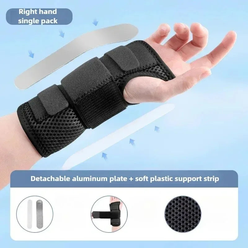 A hand wearing a black wrist brace with a detachable aluminum plate and soft plastic support strip is shown.