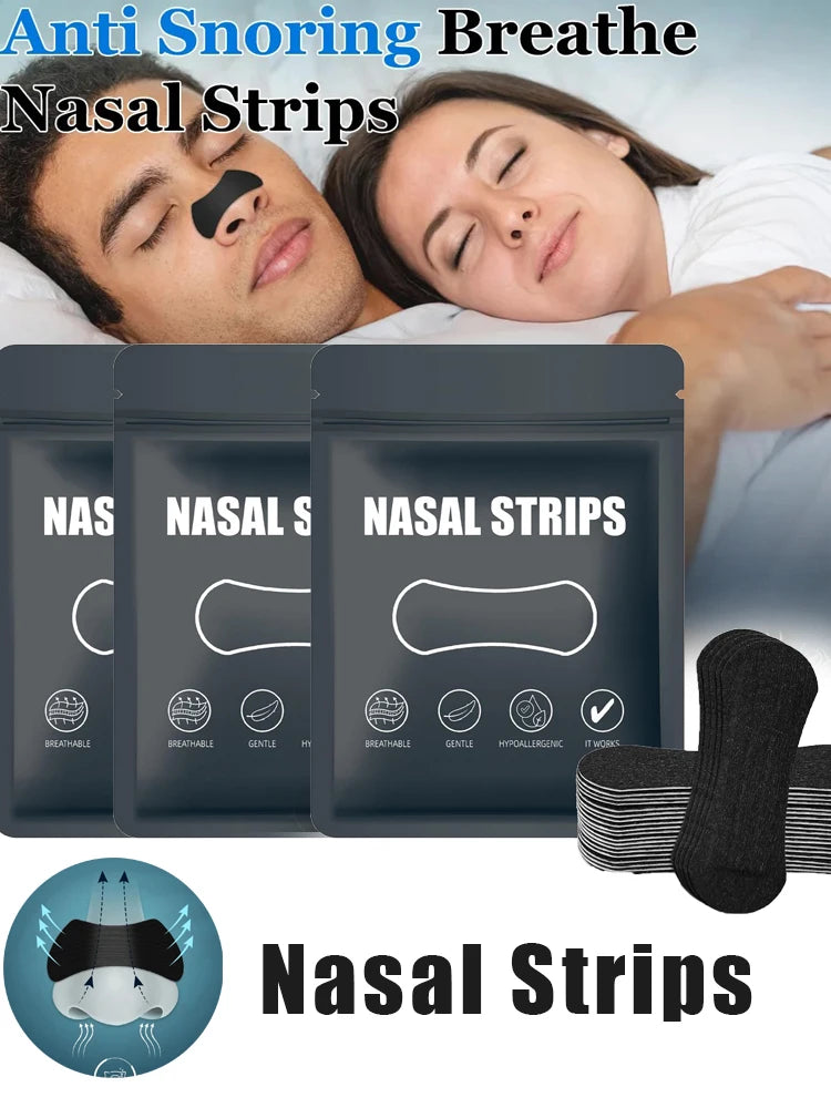 Pack of anti snoring breathable nasal strips shown next to a sleeping person's face.