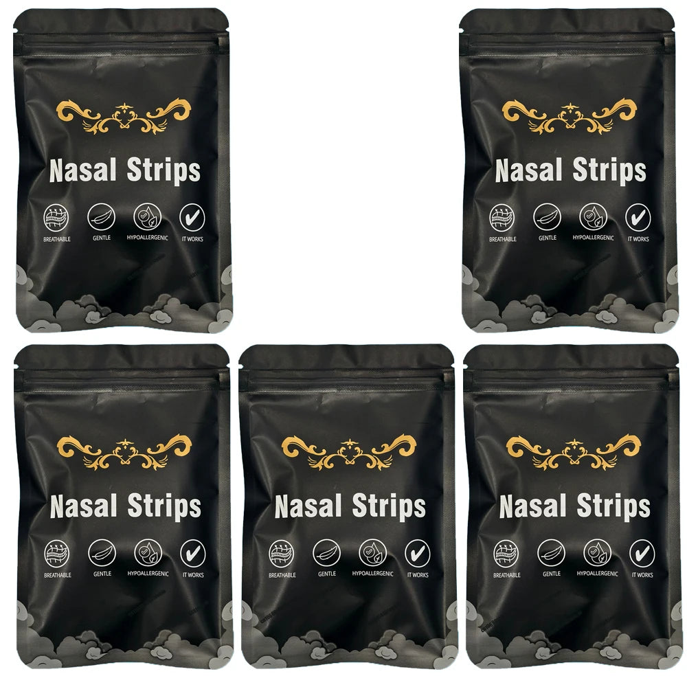 Packaged nasal strips in black packaging with gold accents, showing features like breathable and hypoallergenic.