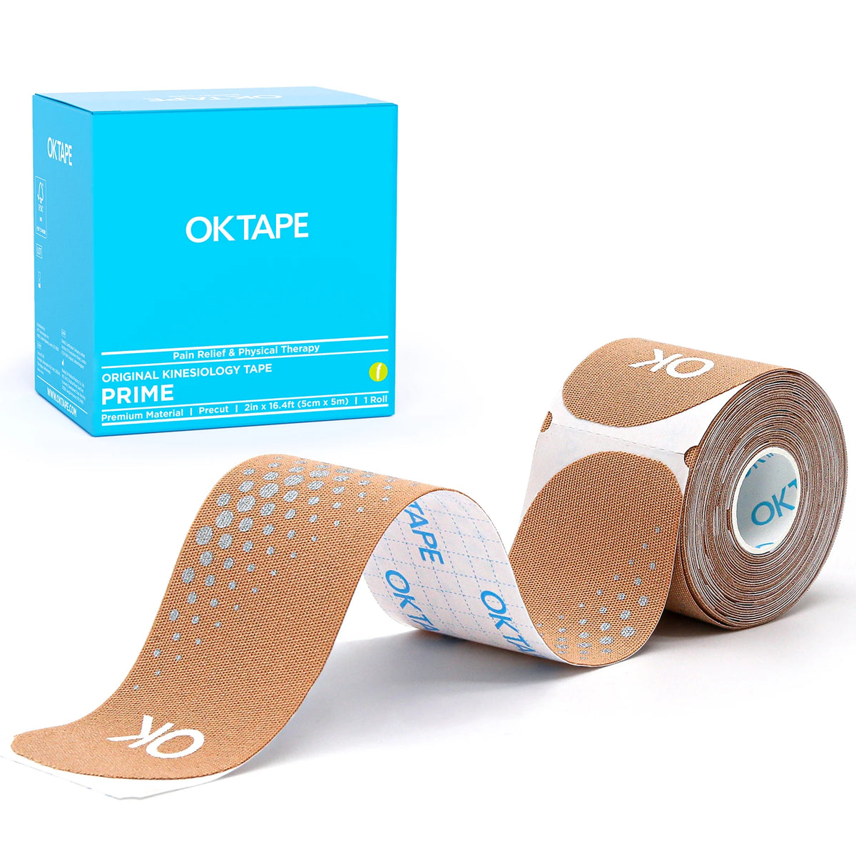 A roll of OKTape kinesiology tape in tan and white, next to its blue packaging box.