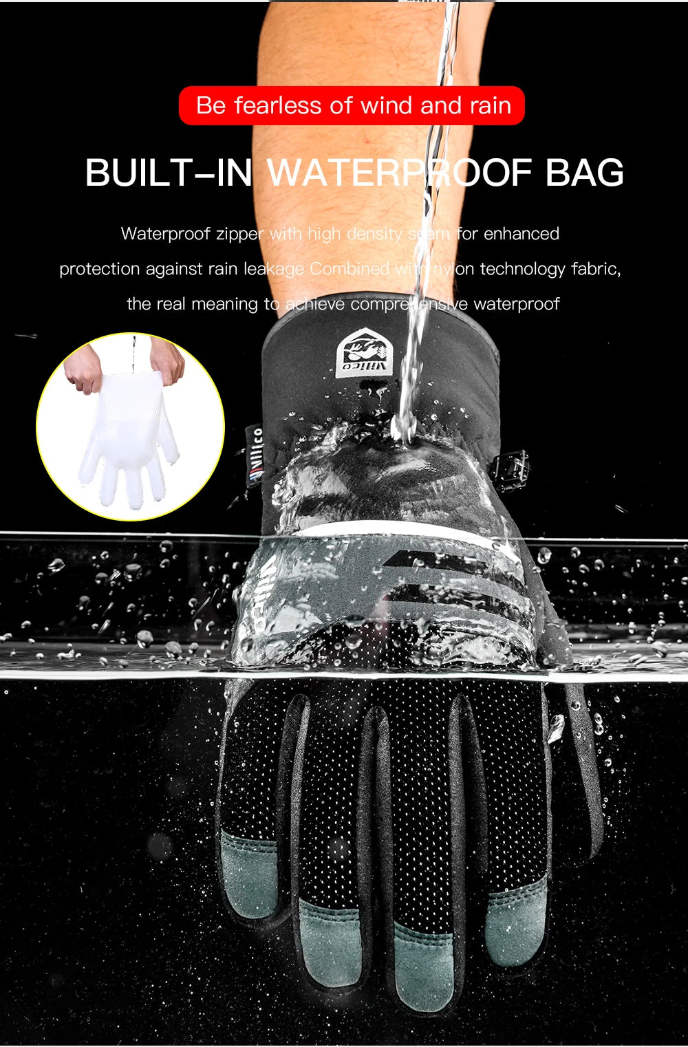 Close-up of a waterproof glove being tested under water to demonstrate its protection.