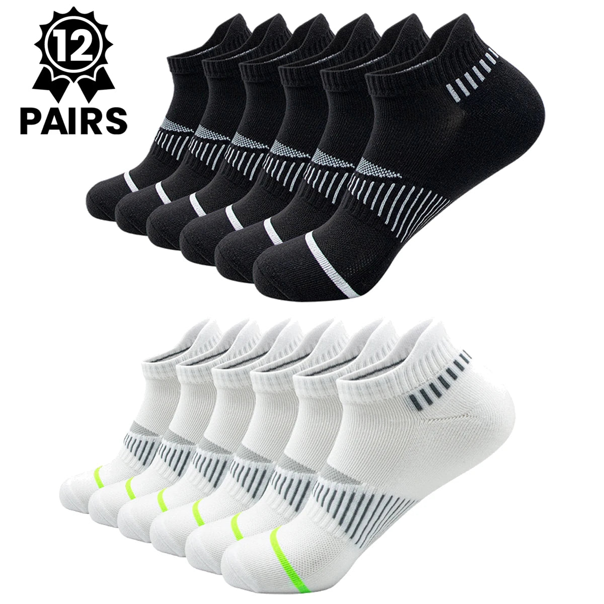 A pair of black crew socks and a pair of white socks are displayed, showing different patterns.