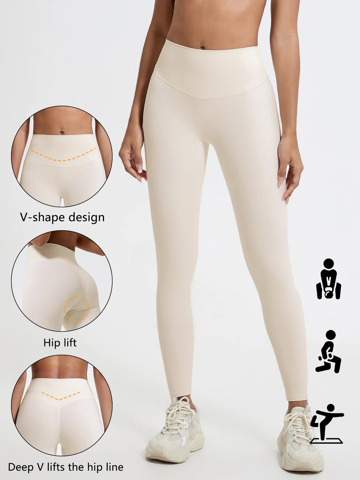 A model wears beige V-shape yoga leggings highlighting features like hip lift and deep V line.