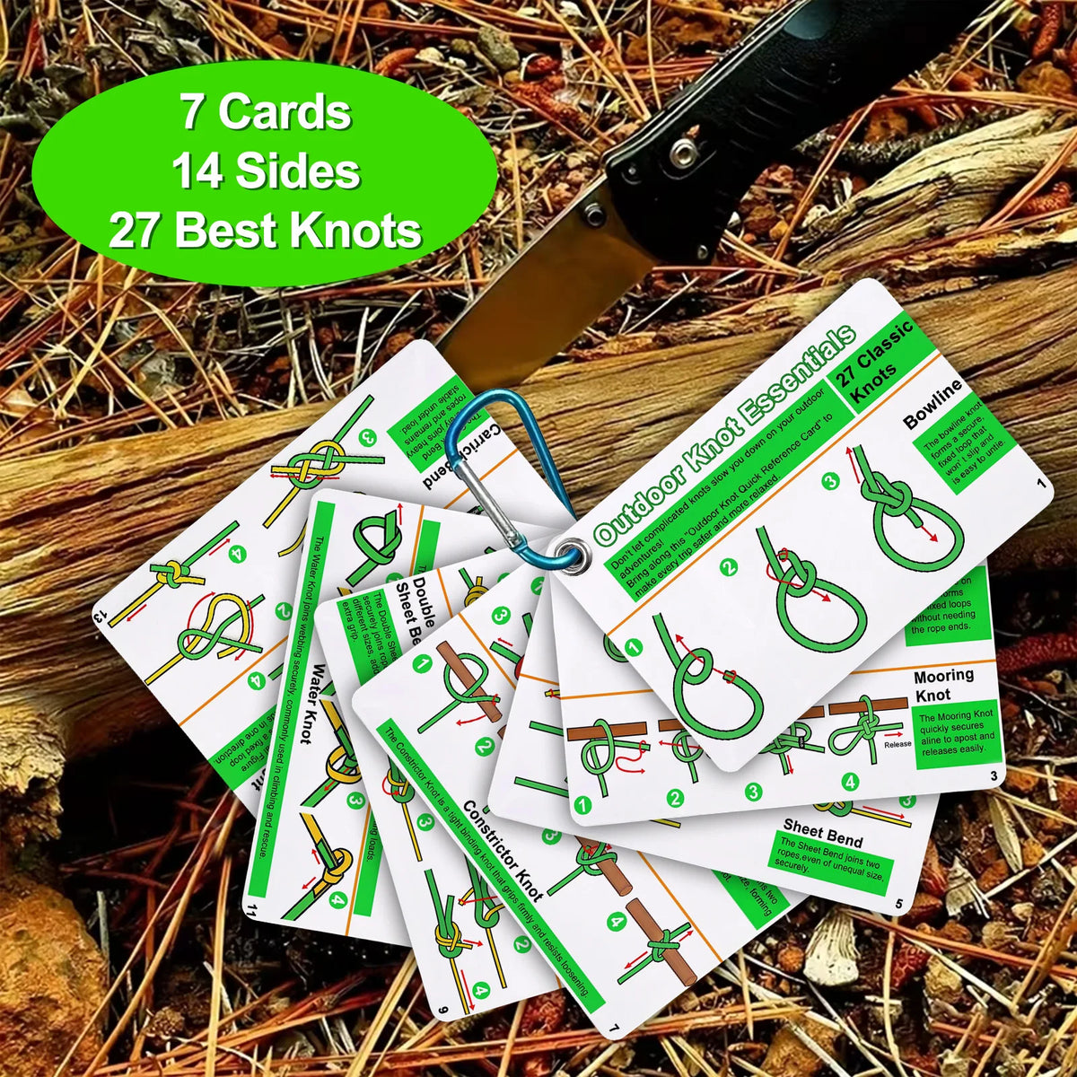A set of 7 cards featuring 14 sides and 27 best knots for outdoor use, resting on a piece of wood amidst pine needles.