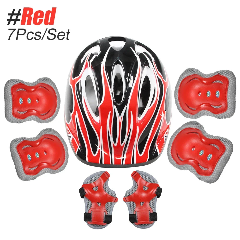 A set of red and black protective gear including a helmet, knee pads, and wrist guards for kids.