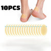 Ten individual clear silicone blister patches for foot protection shown next to a human foot.