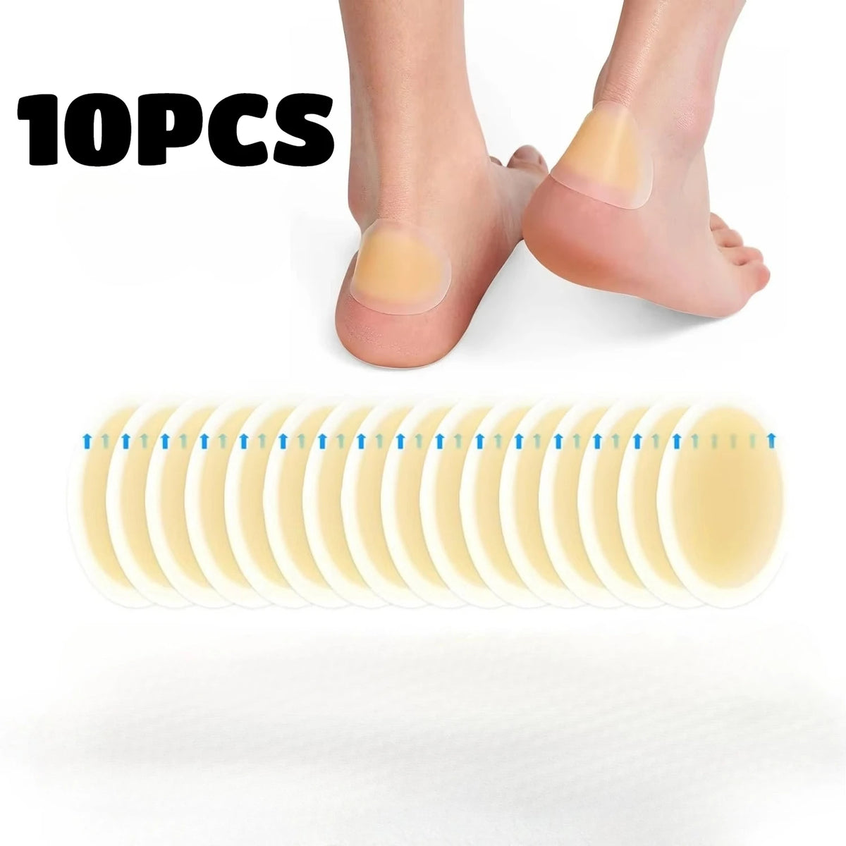 Ten individual clear silicone blister patches for foot protection shown next to a human foot.