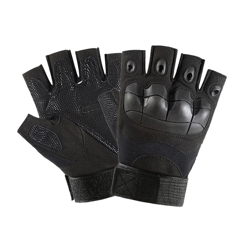 A pair of black universal protective training gloves shown from the palm side.