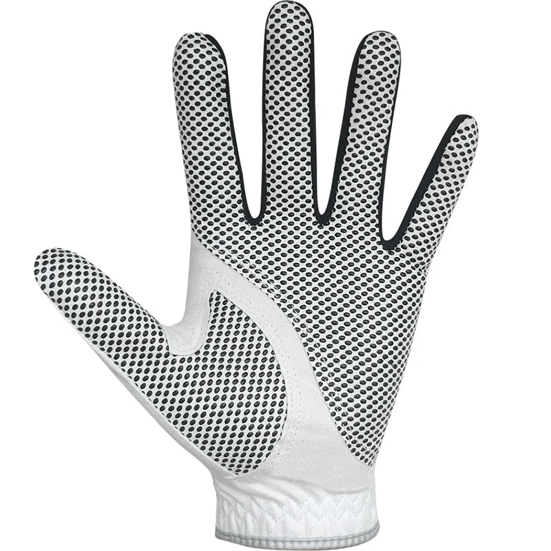 A close-up view of a white performance golf grip glove with a black dotted pattern on the palm and fingers.