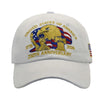 A white adjustable baseball cap featuring a graphic of an American bald eagle and text celebrating the United States of Ameri