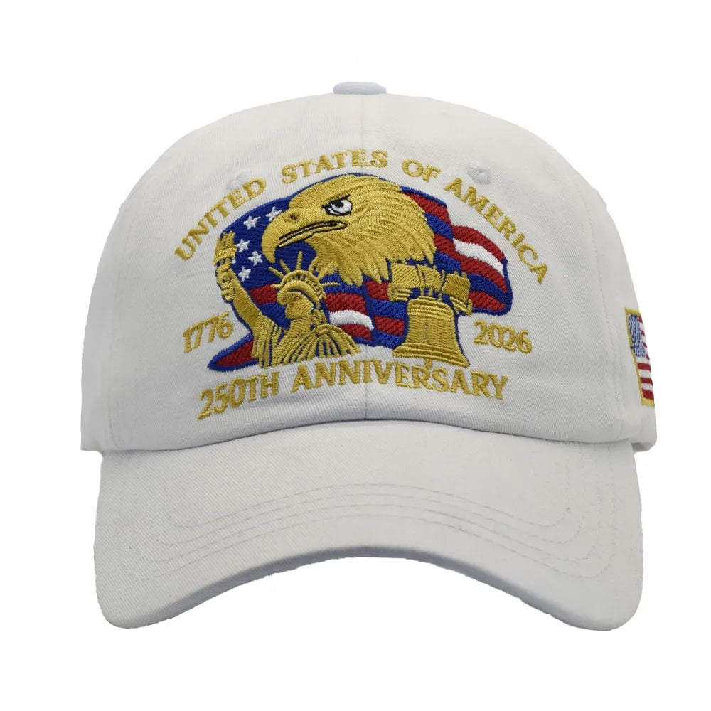 A white adjustable baseball cap featuring a graphic of an American bald eagle and text celebrating the United States of Ameri