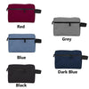 A collection of waterproof cosmetic and travel pouches in red, grey, blue, dark blue, and black.