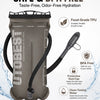 A brown hydration reservoir with a black tube and mouthpiece, labeled as safe and BPA free.
