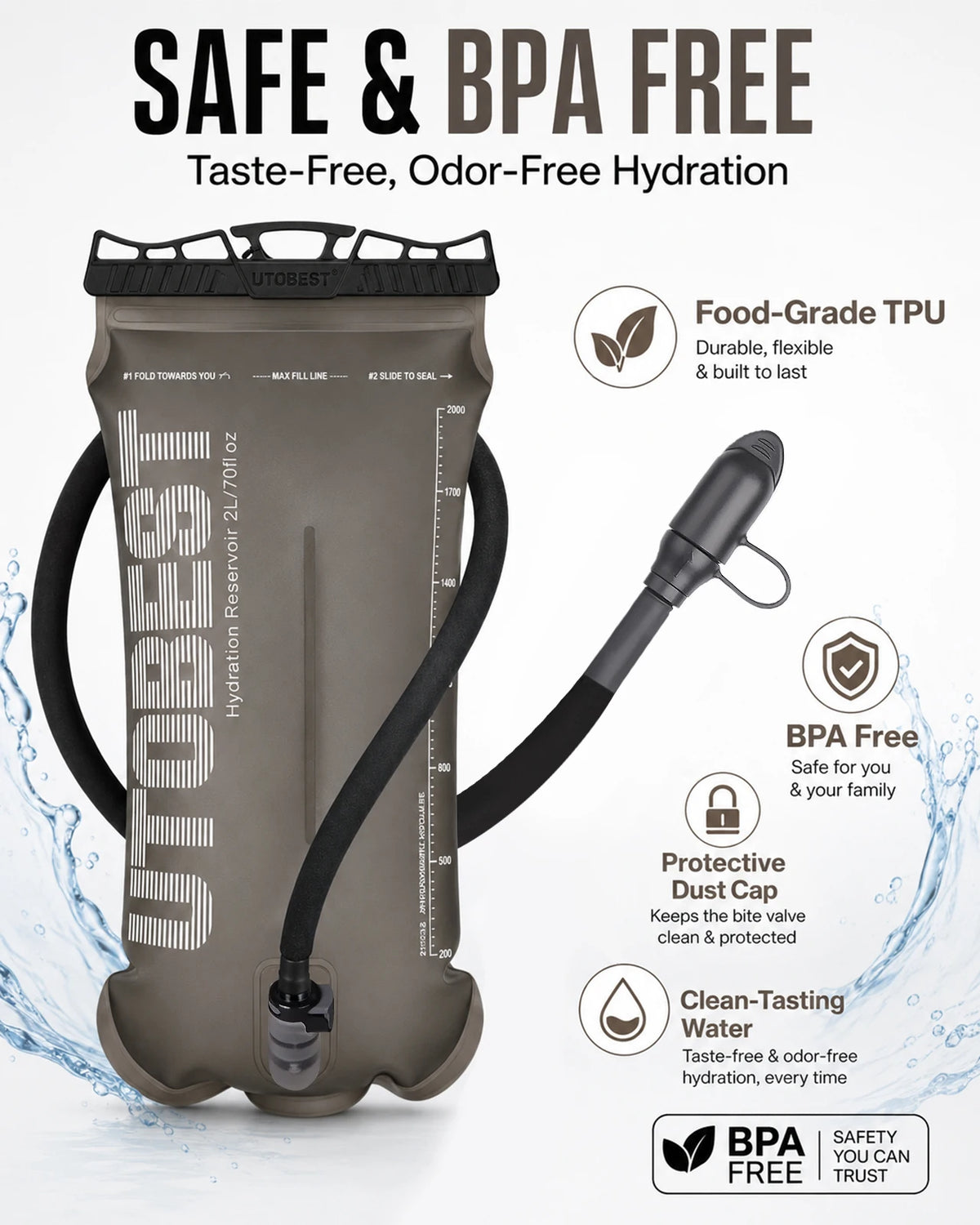 A brown hydration reservoir with a black tube and mouthpiece, labeled as safe and BPA free.