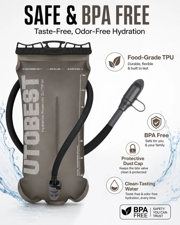 A brown hydration reservoir with a black tube and mouthpiece, labeled as safe and BPA free.