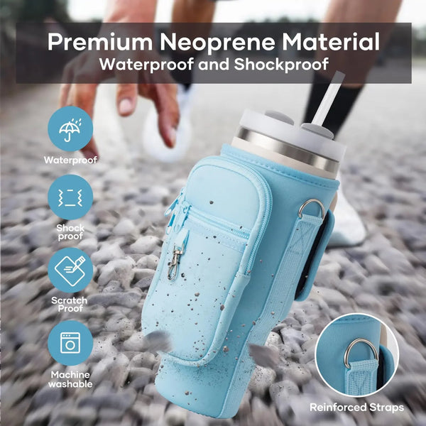 Light blue neoprene water bottle carrier bag with reinforced straps and a phone pocket