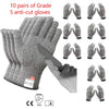 A set of 10 pairs of gray knitted anti-cut protection gloves shown with individual pairs and a close-up of the texture.