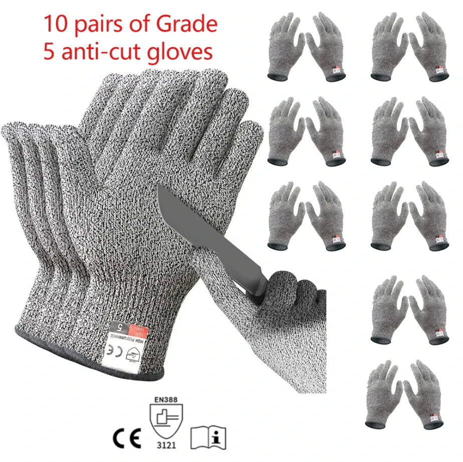 A set of 10 pairs of gray knitted anti-cut protection gloves shown with individual pairs and a close-up of the texture.